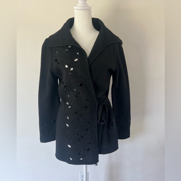 White + Warren Black 100% Wool Wrap Front Cutout Cardigan Sweater Size Small - Picture 1 of 9